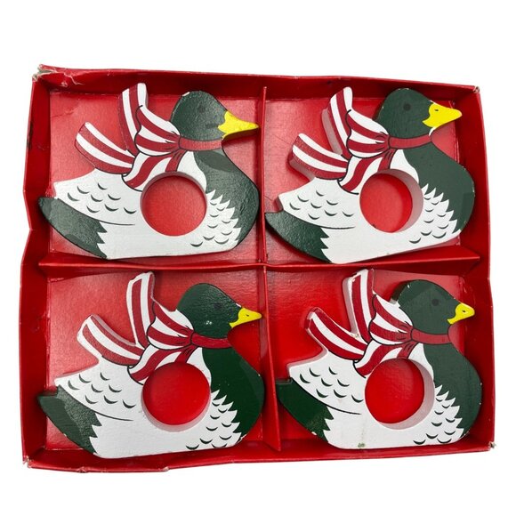 Set Of 4 Vintage Wooden Duck Napkin Rings With Red White Striped Scarves - Picture 2 of 11